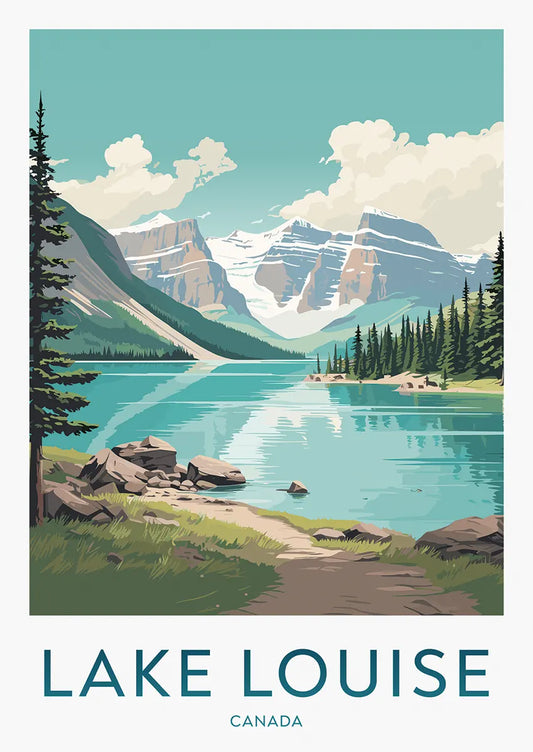 lake louise travel poster with turquoise water and snowy mountain peaks