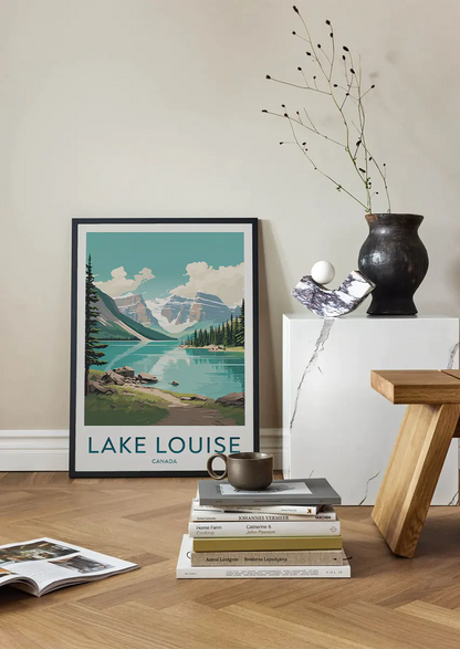 canadian rockies wall art print featuring lake louise and pine forest