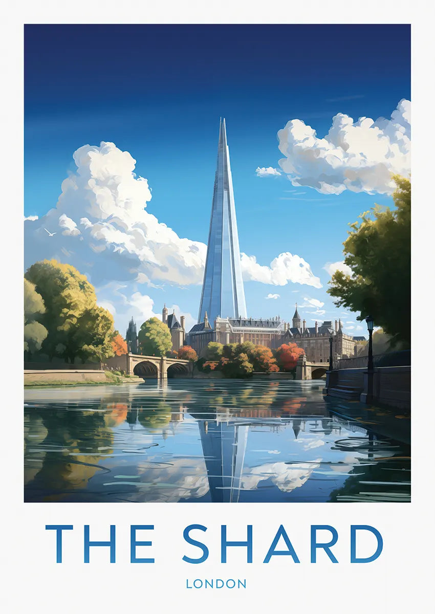 The Shard London travel poster with skyscraper and river reflection