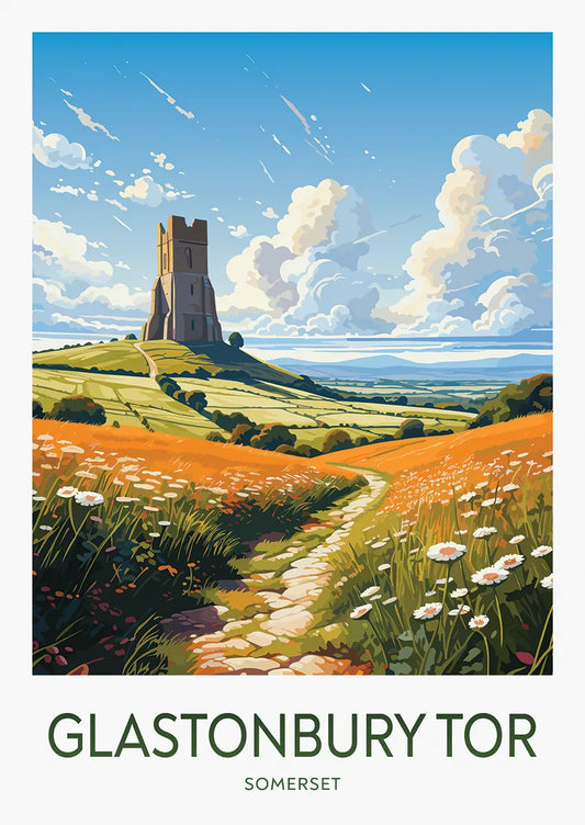 Glastonbury Tor poster with countryside path and wildflowers