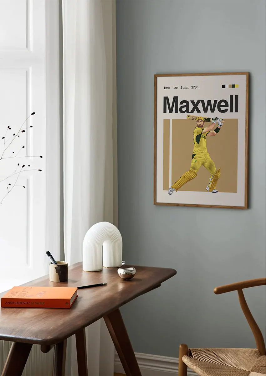 Cricket wall art featuring Glenn Maxwell with bat raised