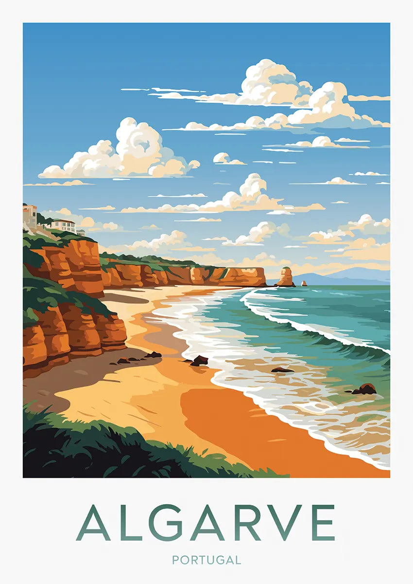 Algarve Portugal travel poster with golden cliffs and beach view
