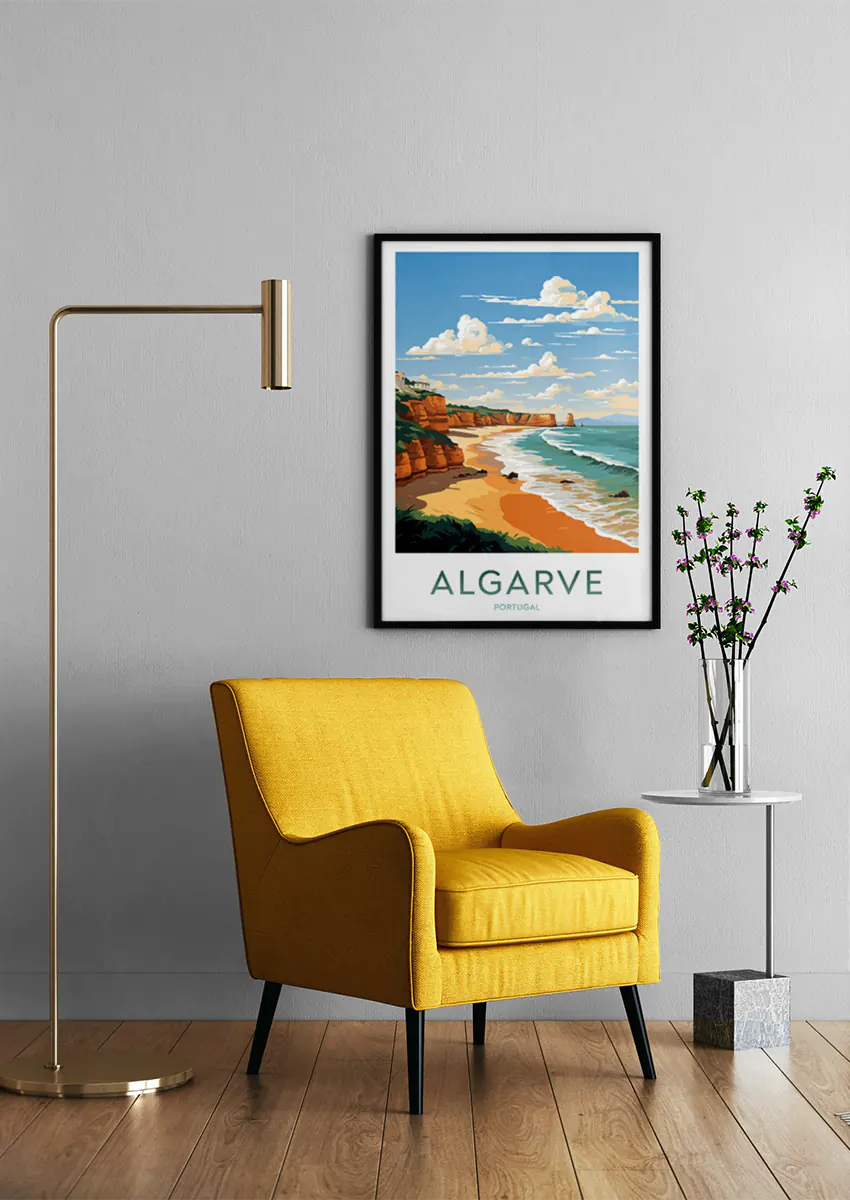 Coastal wall art of Algarve with ocean waves and dramatic landscape