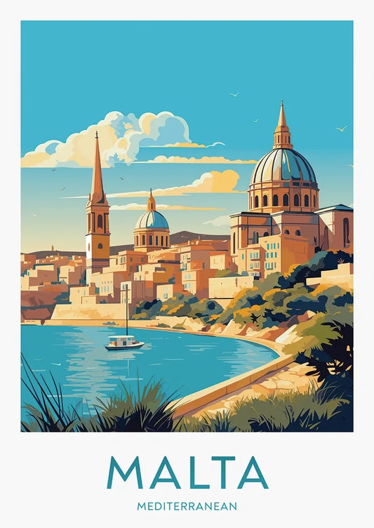 malta travel poster with valletta skyline dome and mediterranean sea