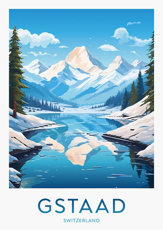 Gstaad Switzerland poster of snowy peaks and mirrored lake