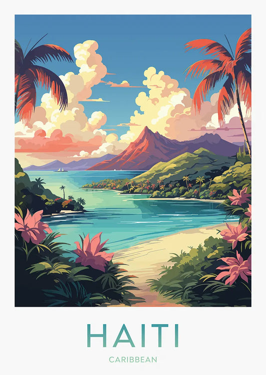 Haiti poster with tropical coast and sunset sky
