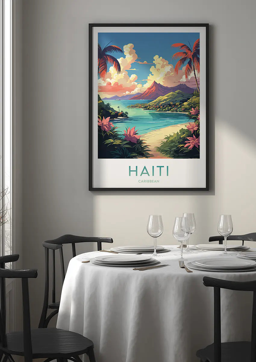 Caribbean beach print with palms, flowers, and island mountains