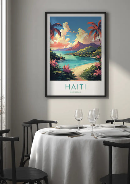 Caribbean beach print with palms, flowers, and island mountains