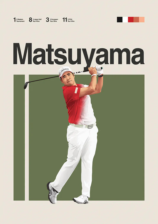 Hideki Matsuyama poster showing golf swing form