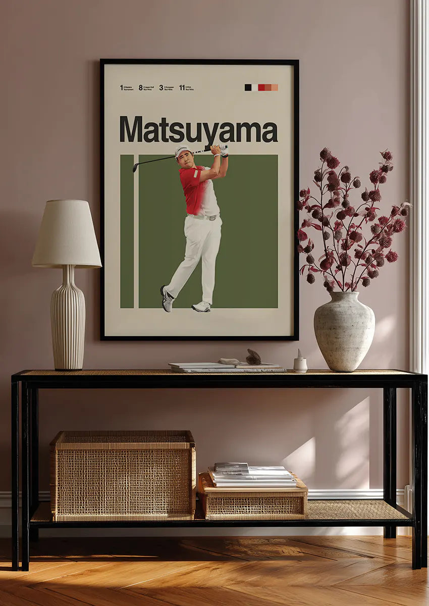 Golf wall art print of Hideki Matsuyama in red and white