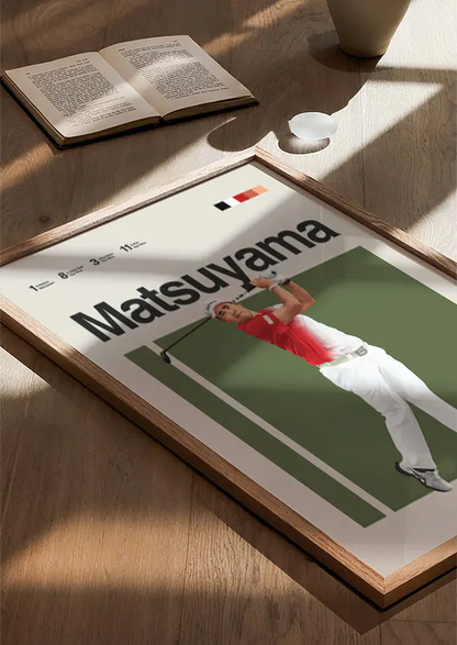 Minimalist sports poster of Japanese golfer Hideki Matsuyama
