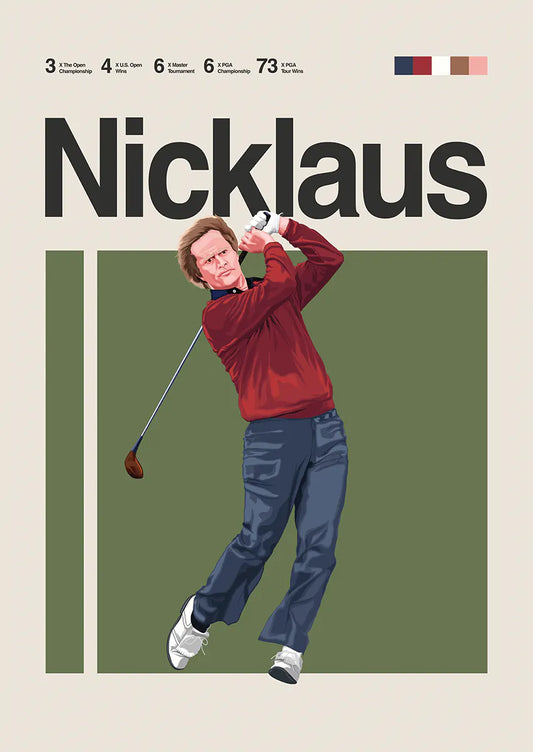 Jack Nicklaus poster showing classic swing in red sweater and navy pants