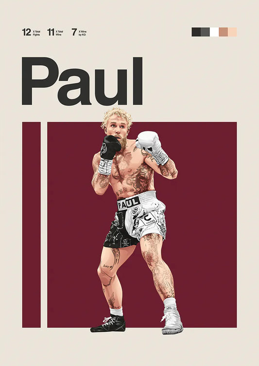 Jake Paul poster featuring black and white boxing stance with tattoos