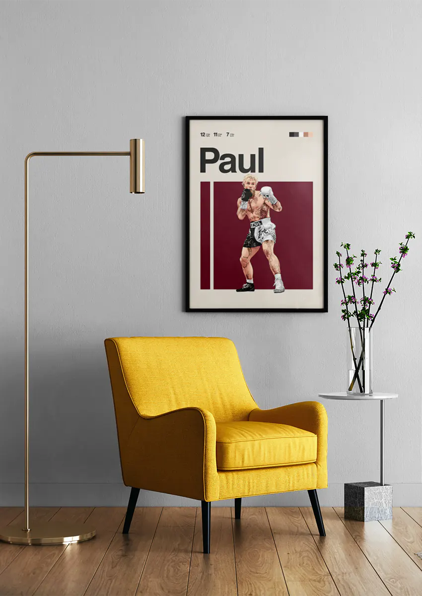 Modern boxing wall art of Jake Paul in custom gloves and shorts