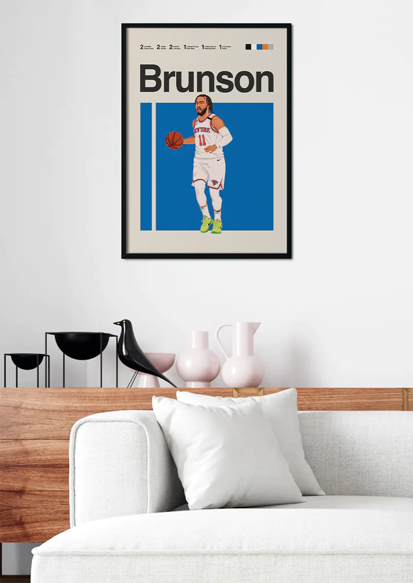 Modern basketball wall art of Jalen Brunson in white jersey