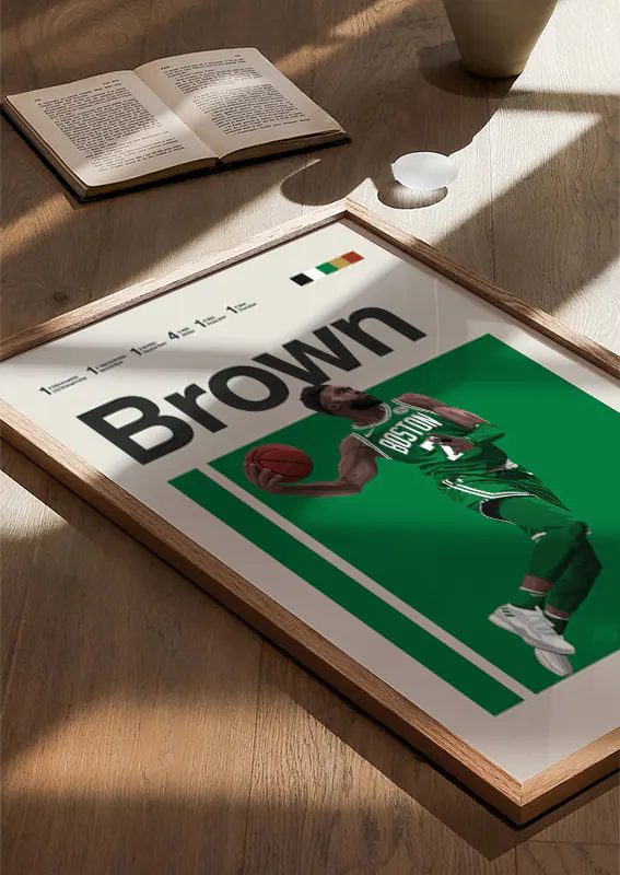Boston Celtics basketball poster featuring Jaylen Brown in action