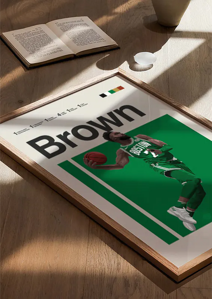 Boston Celtics basketball poster featuring Jaylen Brown in action