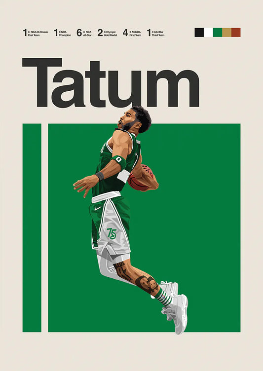 Jayson Tatum dunking poster in Boston Celtics green uniform