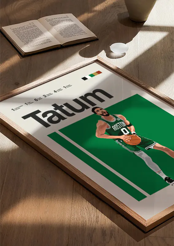 Boston Celtics wall art featuring Jayson Tatum with basketball
