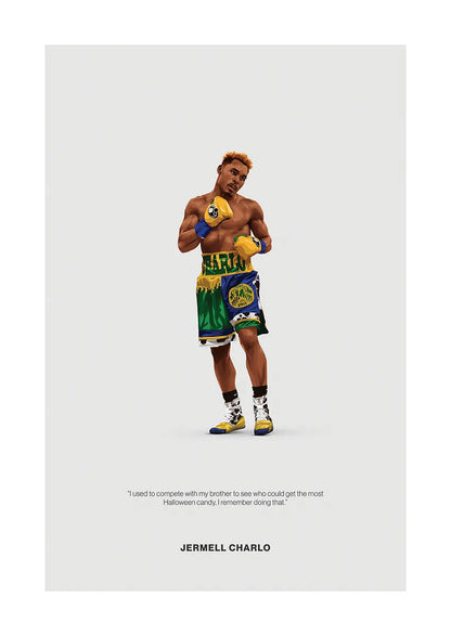 Jermell Charlo boxing poster in colorful green gold and blue fight gear
