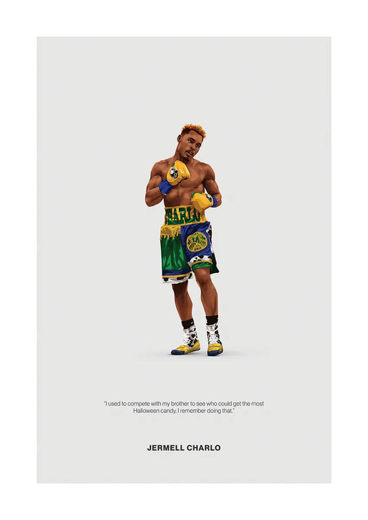 Jermell Charlo boxing poster in colorful green gold and blue fight gear
