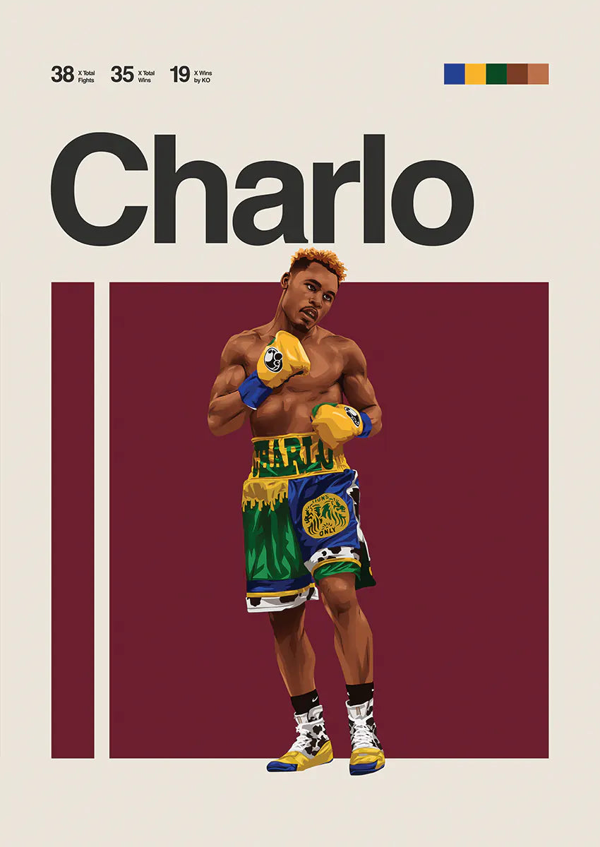 Jermell Charlo poster with gold gloves and green custom shorts