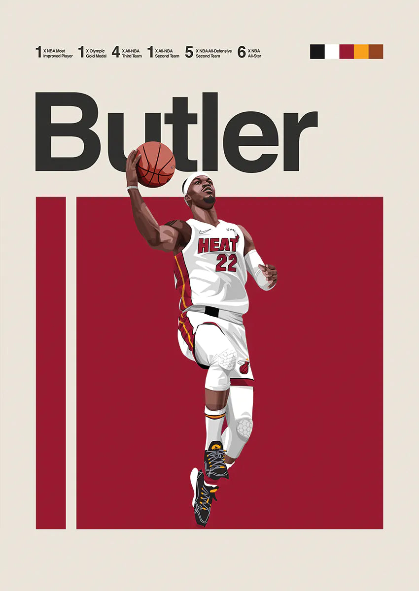 Jimmy Butler dunk poster with Miami Heat uniform and red background