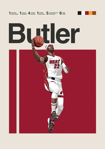 Jimmy Butler dunk poster with Miami Heat uniform and red background