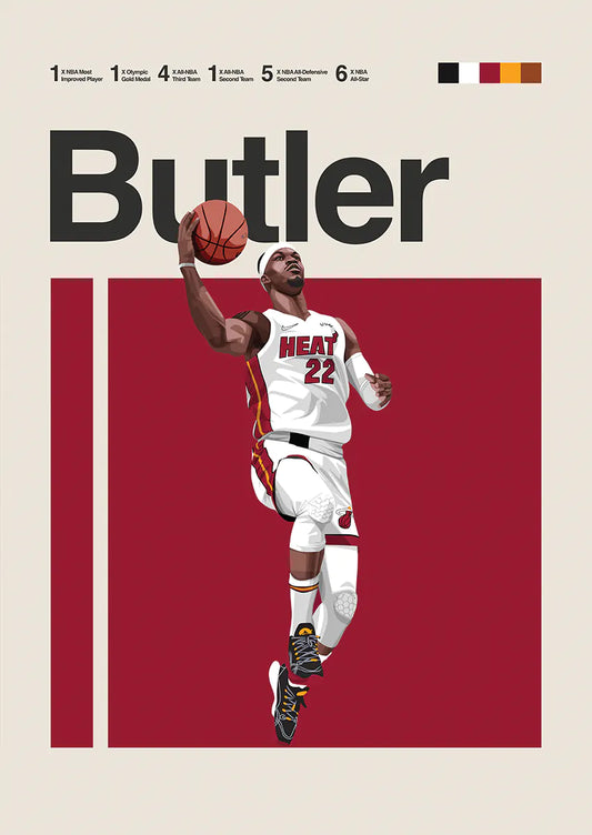 Jimmy Butler dunk poster with Miami Heat uniform and red background