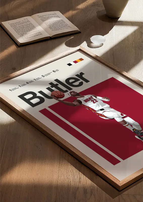 Miami Heat basketball poster showing Jimmy Butler jumping for a dunk