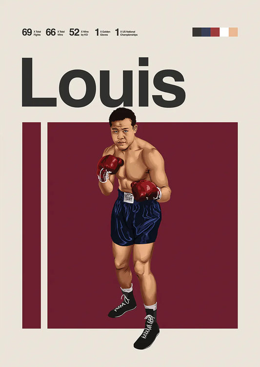 Joe Louis boxing poster with red gloves and navy blue shorts