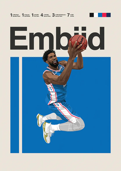 Joel Embiid dunking poster in 76ers uniform mid-air action