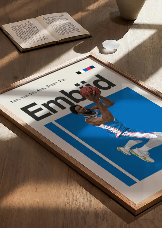 Dynamic NBA dunk poster featuring Joel Embiid for 76ers fans