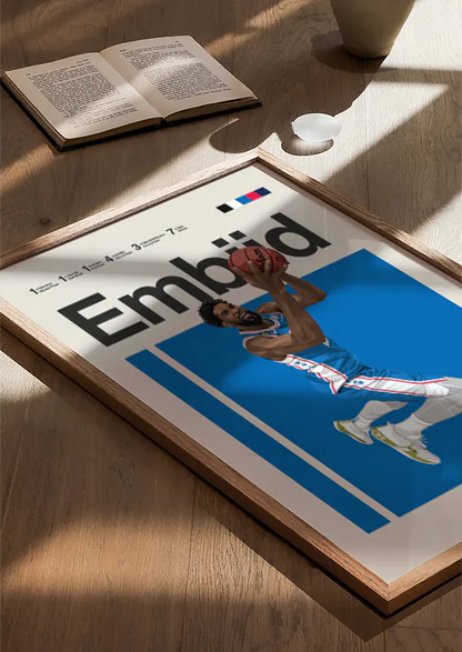 Dynamic NBA dunk poster featuring Joel Embiid for 76ers fans