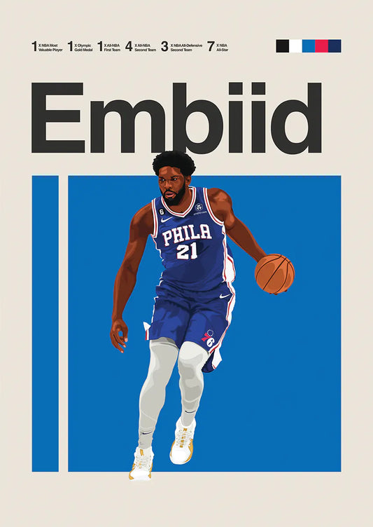 Joel Embiid poster in blue Philadelphia 76ers jersey dribbling basketball