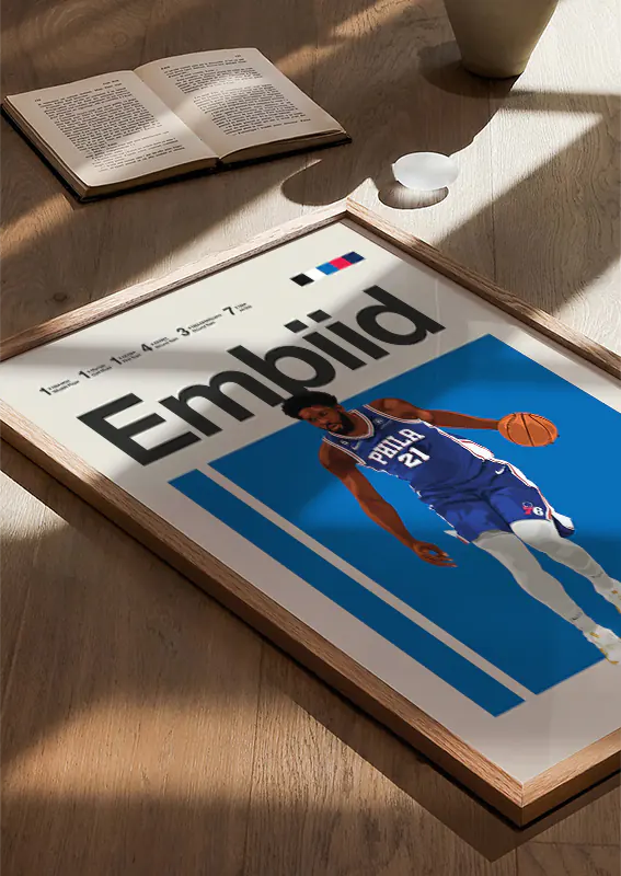 Basketball wall art featuring Joel Embiid in bold blue design