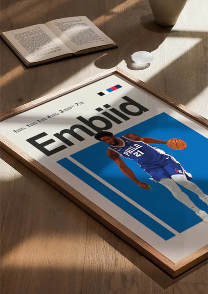 Basketball wall art featuring Joel Embiid in bold blue design