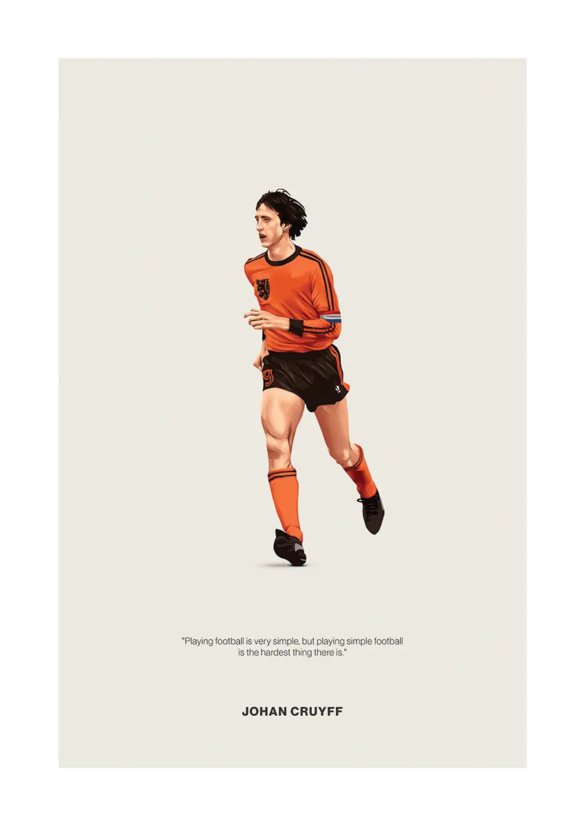 Johan Cruyff poster in orange Netherlands football kit with quote