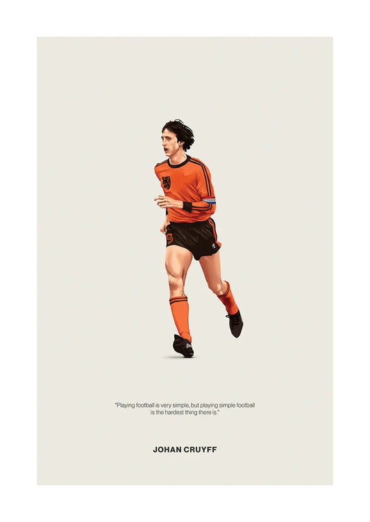 Johan Cruyff poster in orange Netherlands football kit with quote
