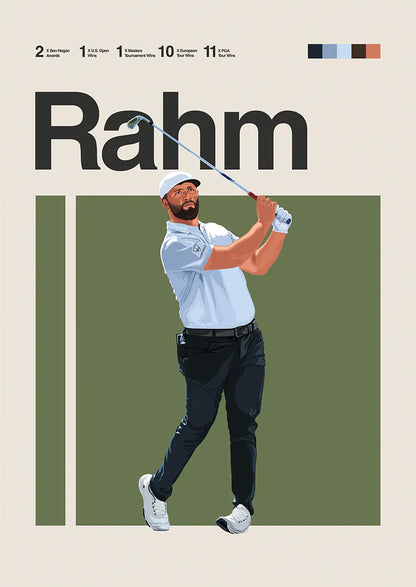 Jon Rahm poster showing powerful golf swing in light blue shirt and black pants