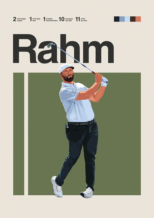 Jon Rahm poster showing powerful golf swing in light blue shirt and black pants