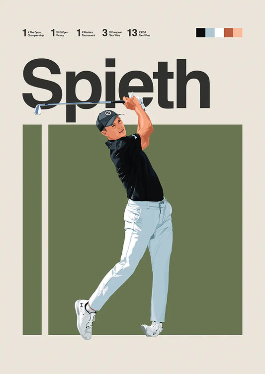 Jordan Spieth poster featuring composed golf swing in black and white outfit