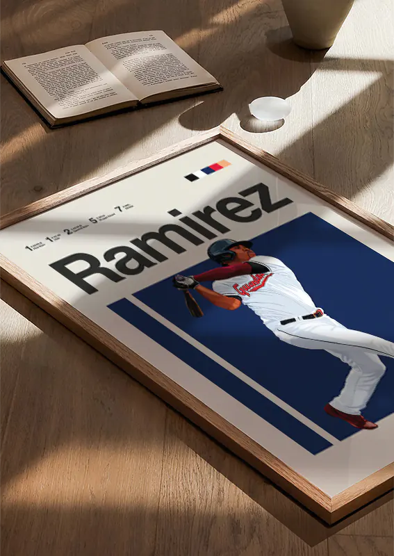 navy and beige baseball artwork of jose ramirez