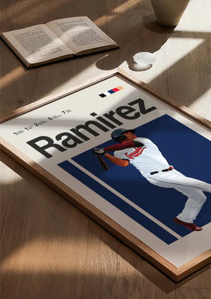 navy and beige baseball artwork of jose ramirez