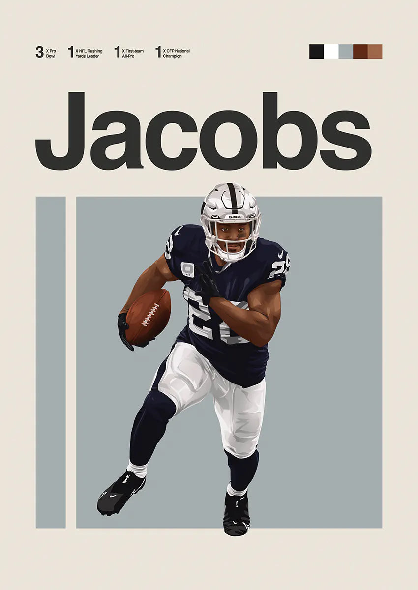 Josh Jacobs poster silver and black NFL wall art