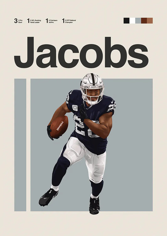 Josh Jacobs poster silver and black NFL wall art