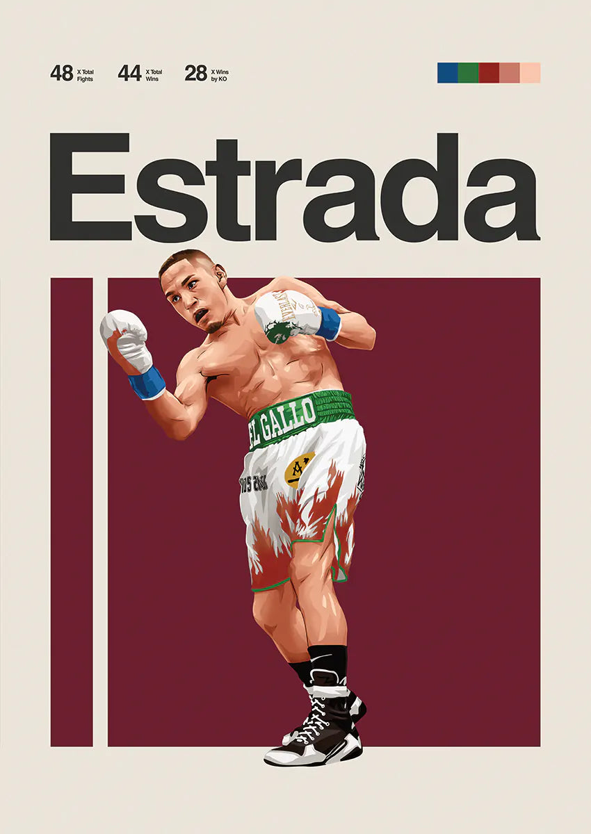 Juan Francisco Estrada poster featuring El Gallo in flame boxing shorts