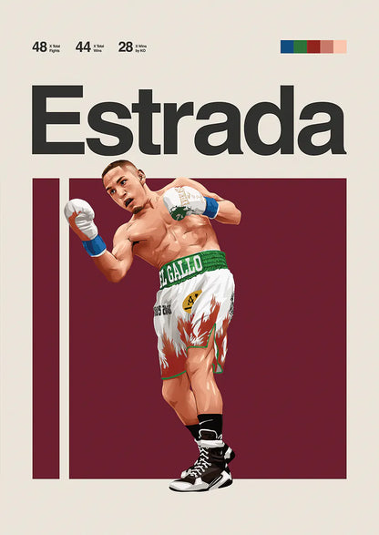 Juan Francisco Estrada poster featuring El Gallo in flame boxing shorts