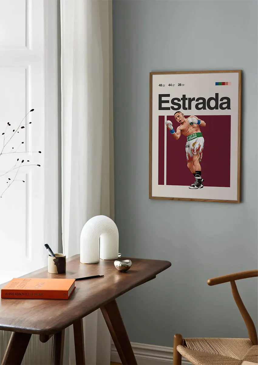 Boxing wall art of Juan Francisco Estrada mid-action with raised gloves