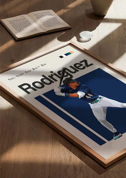 navy and emerald green sports art of julio rodriguez